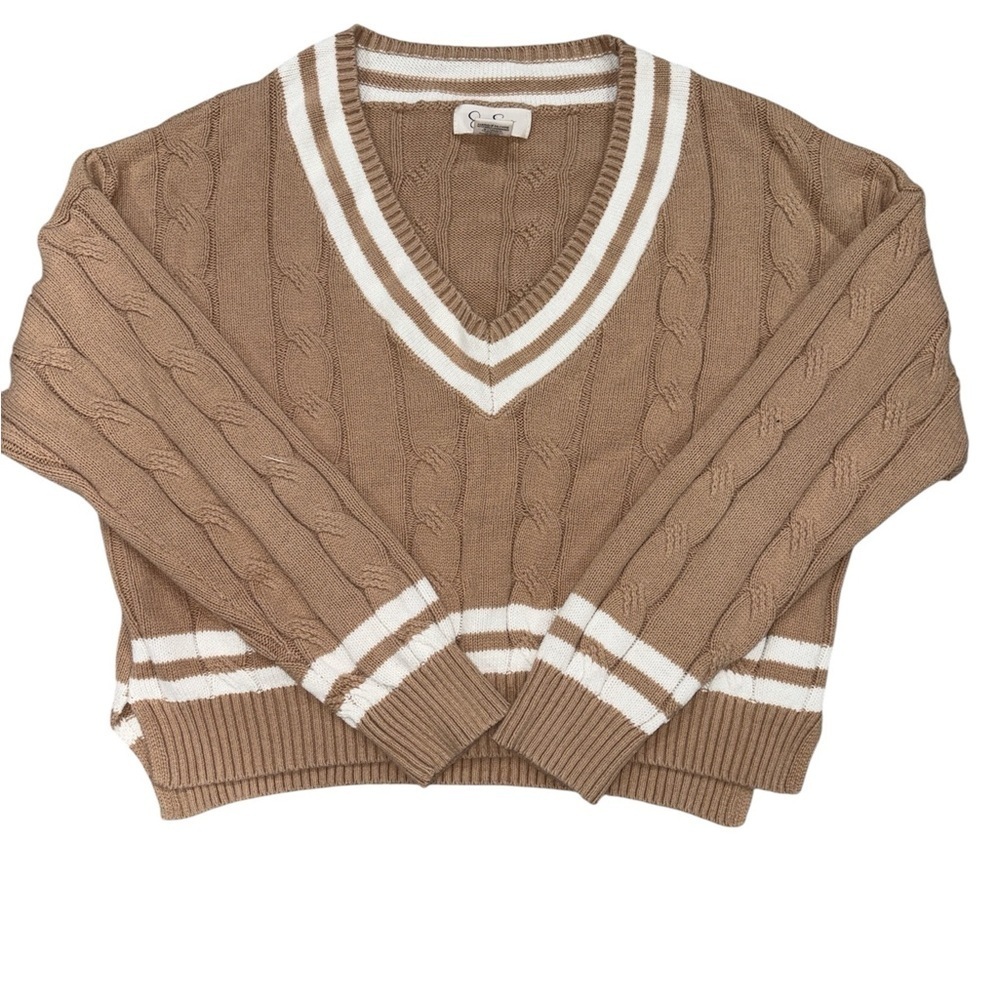 100. Jessica Simpson Tan Cable Knit V-Neck Cropped Sweater